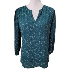 fun2fun Size S Dark Teal Green/Blue V-Notch Neckline, Abstract Polkadot Blouse